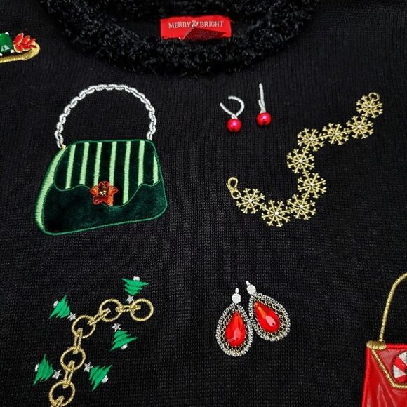 Merry & Bright Embellished Holiday Sweater Black XL Petite - Picture 6 of 7